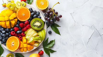 A close-up view of a colorful fruit salad with various fruits on a white plate.