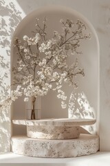 Empty white round podium and white flower in pot,natural branches and green leaves with shadows,Mockup for eco beauty cosmetic advertising. Copy space,sakura japanese style,front view.