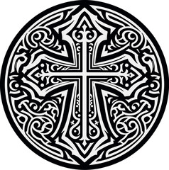 Fototapeta premium Vector illustration of an ornamental Christian cross, featuring a Celtic cross or Armenian Khachkar design within a circular frame, incorporating Christian motifs and Catholic ornamentation. 