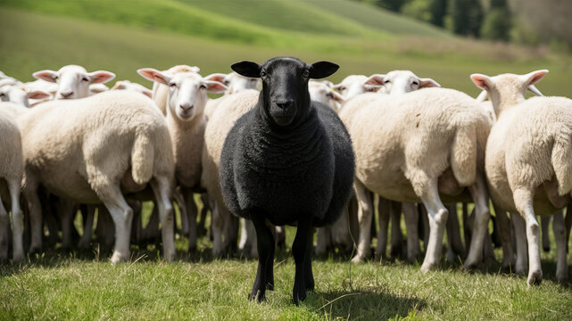 A black sheep is looking at the camera standing among the white sheep.