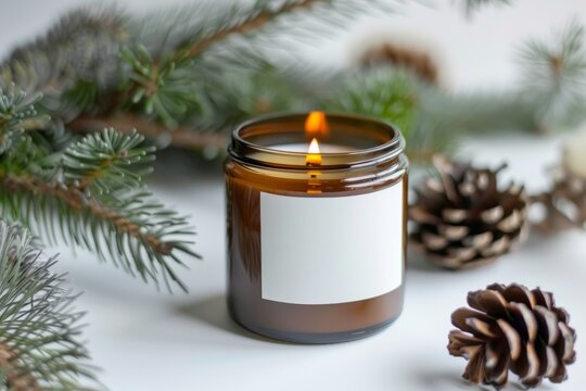  Scented candle mockup with white sticker, space for branding, white background with pine branch and cone, minimalism
