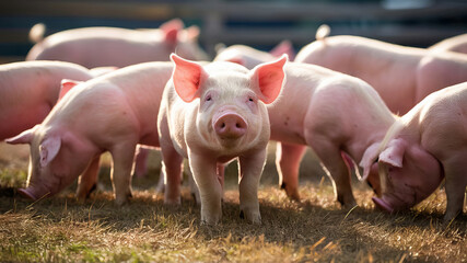 Piglets on a farm are exposed to the morning sunlight.