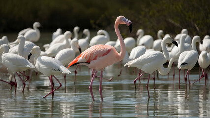 A pink flamingo stands among a flock of white birds in a marsh.