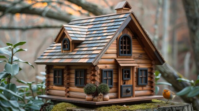 A small, wooden log cabin sits on a stump outdoors. It has a peaked roof and dark windows