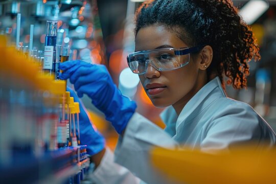 female scientist is working in laboratory with test tubes on blurred  background. medicine of the future. concept of research by scientists