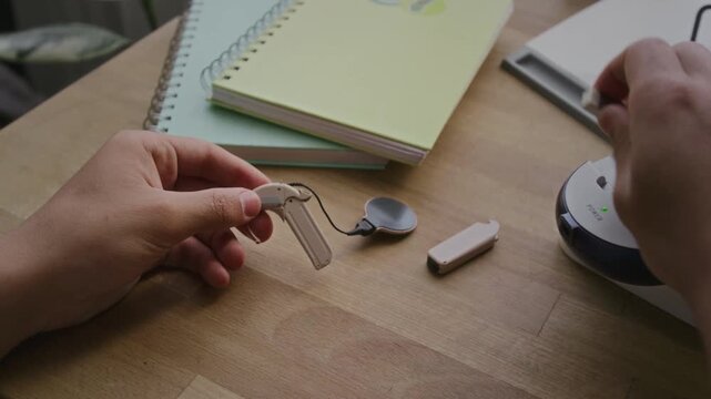 Close-up of hands of anonymous young man with hearing disability assembling parts of cochlear implant after maintenance, taking fresh battery from charger and inserting it