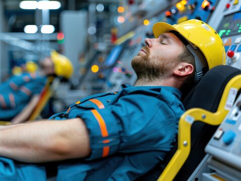 A construction worker resting in a control room, symbolizing the importance of safety and recovery in industrial environments.