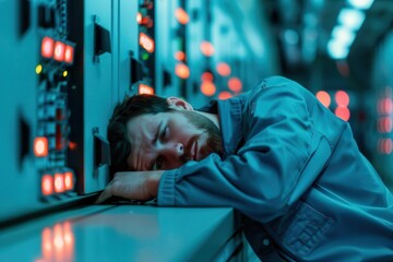 Obraz premium A tech worker experiencing fatigue in a data center with glowing servers, illustrating the demands of the modern digital world.