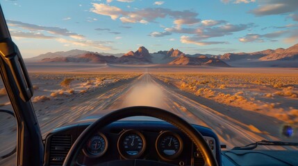 driver's view of a desert road stretching ahead 