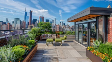 Fototapeta premium rooftop garden transformed into an inspiring office space, with eco-friendly furniture and breathtaking views of the city skyline
