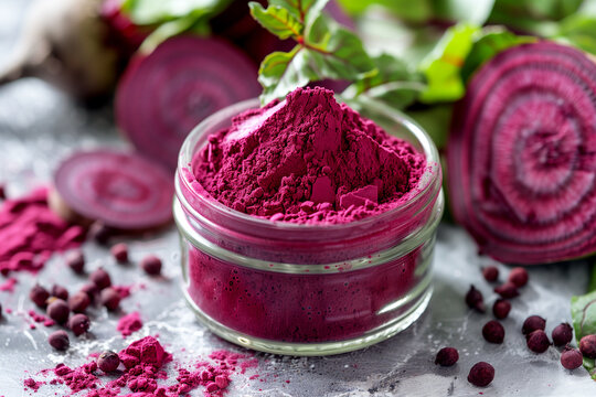 Beetroot powder in a glass jar