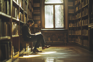 Instructor sitting and reading alone in the library.