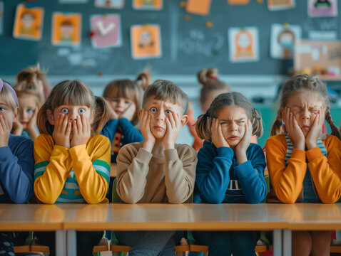 Group of kid students crying in classroom.
