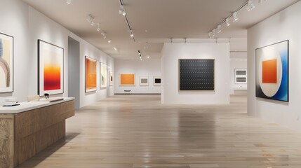 Fototapeta premium art gallery with a discreet office space at the back, featuring a minimalist desk and walls adorned with contemporary art