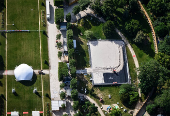 Preparation of the sports field under La Tour Eiffel in Paris during the 2024 Olympic Games