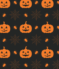 Seamless pattern with pumpkins, spiders and cobwebs for Halloween on a dark background.