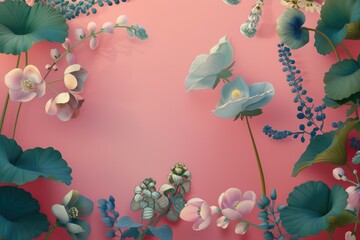 Floral Frame with Delicate Pink and Blue Flowers on a Pastel Pink Background