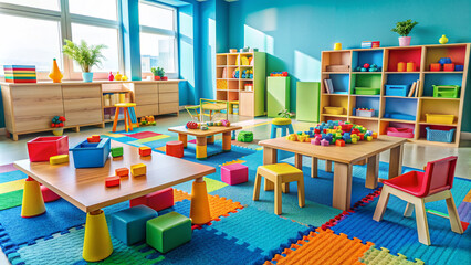 Colorful toys, blocks, and learning materials scattered on a bright blue rug, surrounded by tiny chairs and tables, in a cheerful preschool setting.