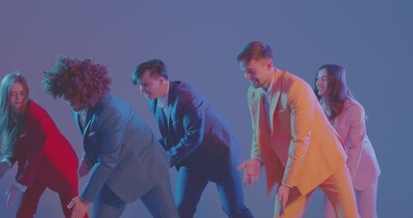 Dancers in bright neon lighting create exciting performance with dynamic and coordinated movements. Team dances in colorful costumes. Concept of advertising campaigns, dance shows and cultural events.