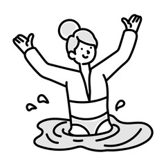 A doodle icon showing an excited female swimmer standing in pool 

