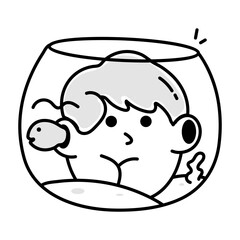 Boy watching fishbowl, hand drawn icon 

