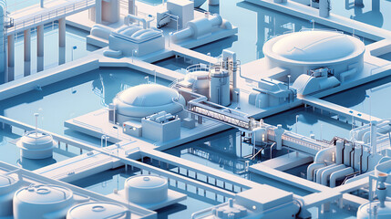 Fototapeta premium Stylized Isometric Industrial Building with Hyper-Realistic Aquatic Design