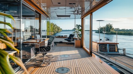 Fototapeta premium avant-garde office space on a refurbished boat, with creative use of marine elements and a deck overlooking the water