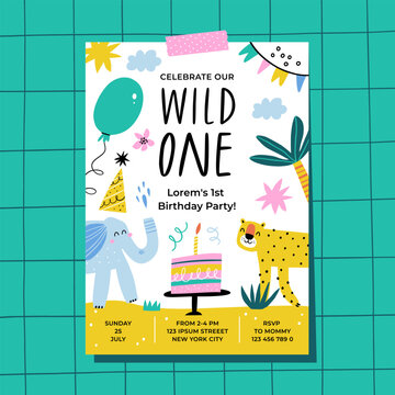 First birthday party invitation template. Jungle animals and plants.