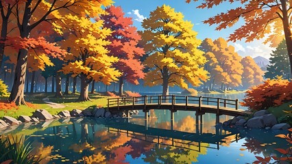 Obraz premium A serene autumn landscape with colorful fall leaves, a calm lake reflecting the vibrant trees, a wooden bridge crossing over the lake, warm sunlight filtering through the foliage, anime style 