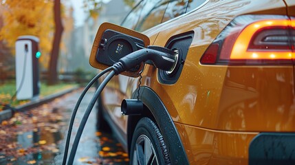 Power supply for electric car charging. Ev charging station. EV charging an electric car. Plugging in cable.