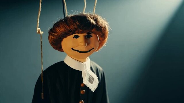 Marionette puppet of US Supreme Court Justice made of felt and threads against a gray background.