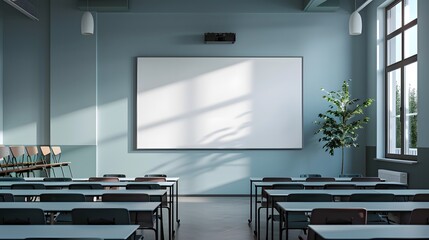 A modern classroom setting featuring empty desks, a blank whiteboard, and natural light streaming through large windows, ideal for educational themes.   