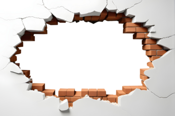 A dramatic image of a hole breaking through a white wall, isolated on a transparent or white background.