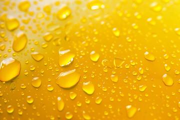 Close up water drops on yellow tone background. Abstract orange wet texture with bubbles on window...