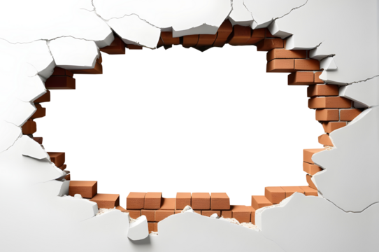 A dramatic image of a hole breaking through a white wall, isolated on a transparent or white background.