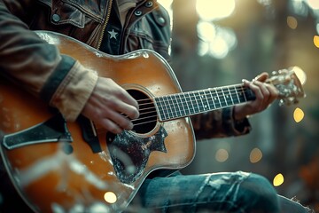 Obraz premium Close-up of a person playing an acoustic guitar outdoors, wearing a leather jacket. The sunlight adds a warm touch to the scene.