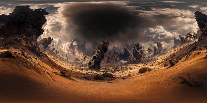 Alien planet with fuming rocks and ravens in the sky
