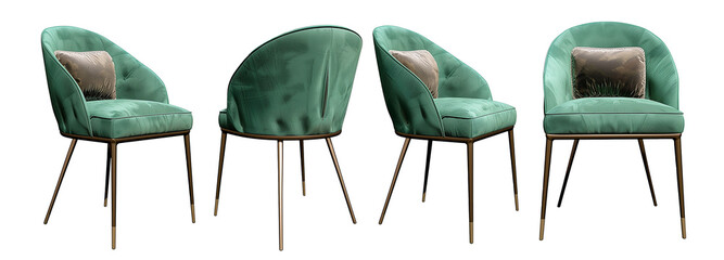Furniture natural green velvet chairs cutout on transparent backgrounds 3d render, PNG
