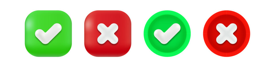 Obraz premium Green Check Mark Tick and Red Cross X Icons on Round and Square Backgrounds - Approved True, Rejected False Symbols. Vector.