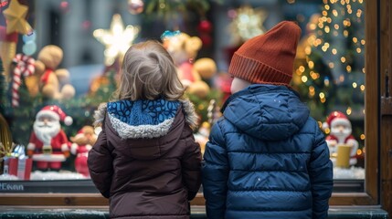 Children Gazing at Festive Christmas Window Display with Santa Claus Decorations