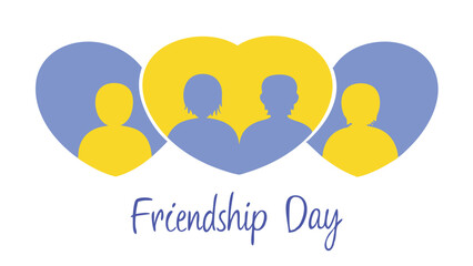 Silhouettes of four people in heart shapes with Friendship Day text. Yellow and blue color scheme.