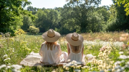 Close friends revel in a leisurely picnic amidst the breathtaking beauty of nature