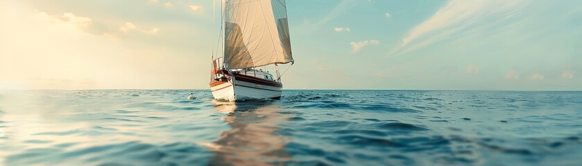 Tranquil Sailboat Journey Toward Horizon on Serene Ocean with Copy Space, Deep Depth of Field