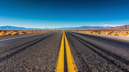 Fototapeta premium Endless Journey: Empty Highway Stretching to the Horizon in Desert Landscape with Copy Space.