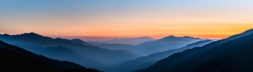 Fototapeta premium Serene Twilight Glow over Silhouette Mountains with Copy Space for Text, Tranquil Rest Concept.