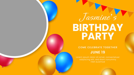Naklejka premium Birthday party invitation card design. Festive birthday template with balloons and photo frames. Vector illustration