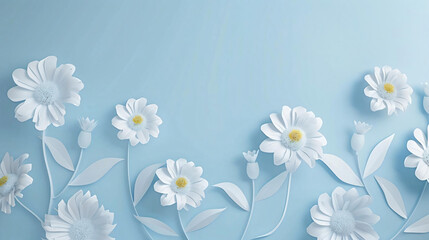 White Paper Flowers on Blue Background.