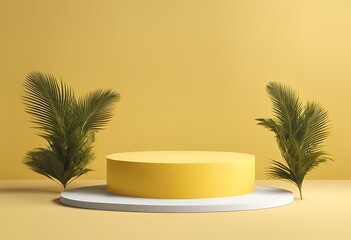 Obraz premium Yellow podium with 3D summer display platform for product presentation. Tropical stage scene with minimal design and nature backdrop. Ideal for beauty and cosmetic mockups