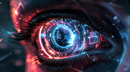 Close-up view of a human eye retina scanning the AI.