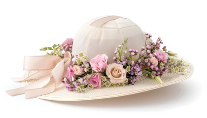 A charming Easter bonnet adorned with pastel flowers and ribbons, isolated on a white background.